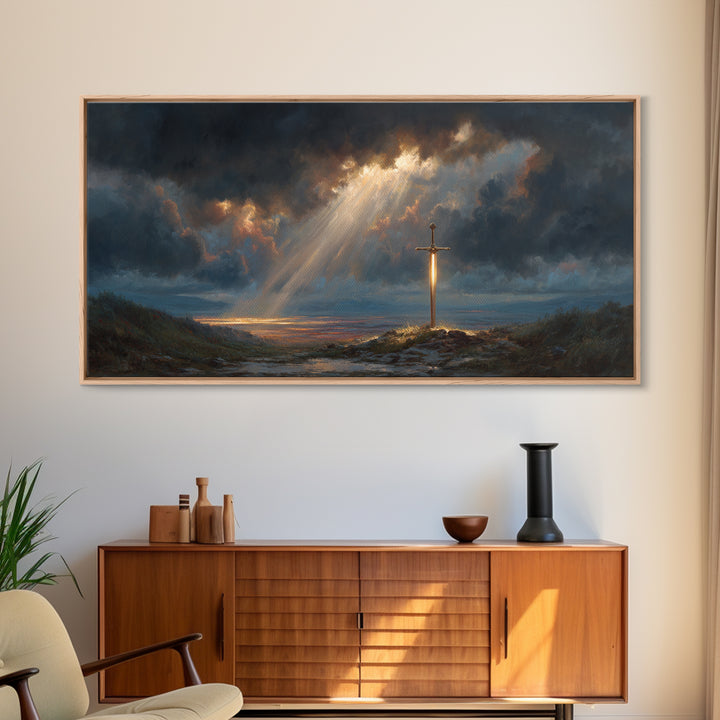 Glowing Sword In Storm Clouds Wall Art, Dramatic Christian Fantasy Canvas Print, Spiritual Decor, Dark Academia Gift For Him