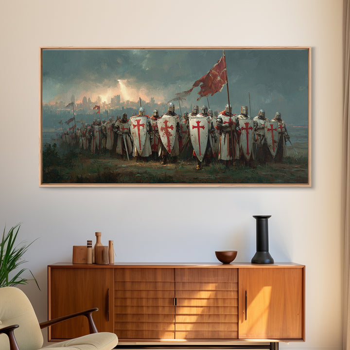 Medieval Knights Templar Army Wall Art, Crusader Framed Canvas Print, Historical Painting, Man Cave Decor, Unique Gift For Him