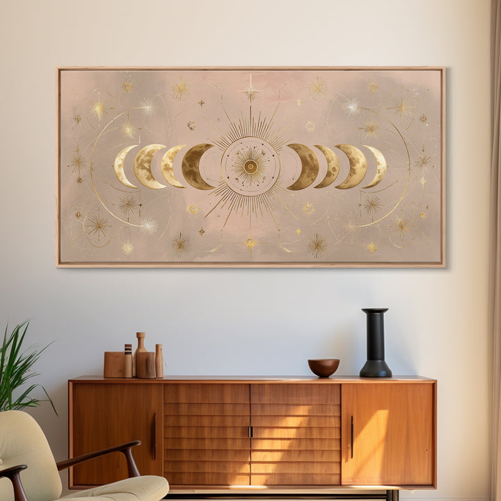Gold Moon Phase Celestial Wall Art, Mystical Stars And Sun, Boho Bedroom Decor, Astrology Gifts, Above Bed Canvas Print Decor