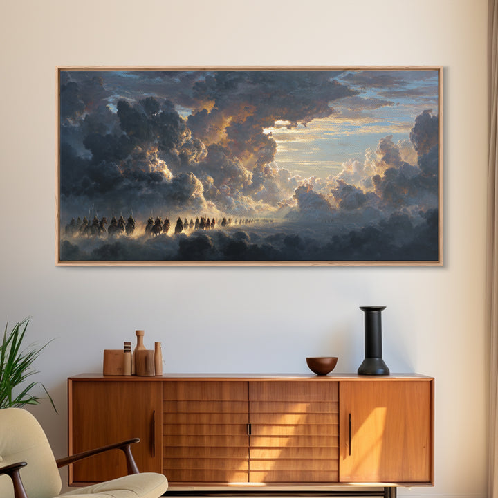 Celestial Riders In Storm Clouds Wall Art, Epic Fantasy Sky Painting, Dramatic Landscape Canvas, Mythological Decor For Office