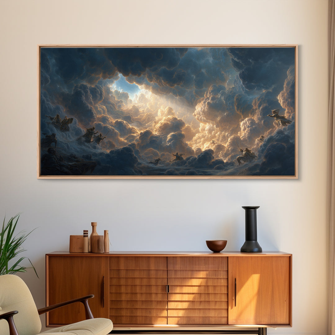 Celestial Riders In Storm Clouds Framed Canvas Print, Epic Fantasy Wall Art, Mythological Sky Painting, Dramatic Decor, Unique Gift