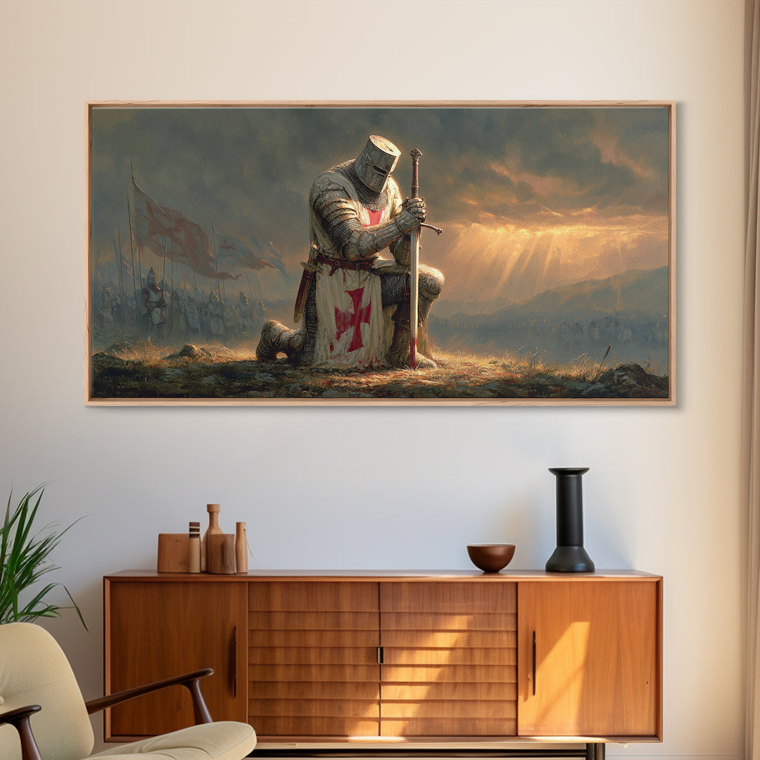 Kneeling Templar Knight Battlefield Wall Art, Medieval Crusader Framed Canvas Print, Dark Fantasy Decor, Christian Warrior Art