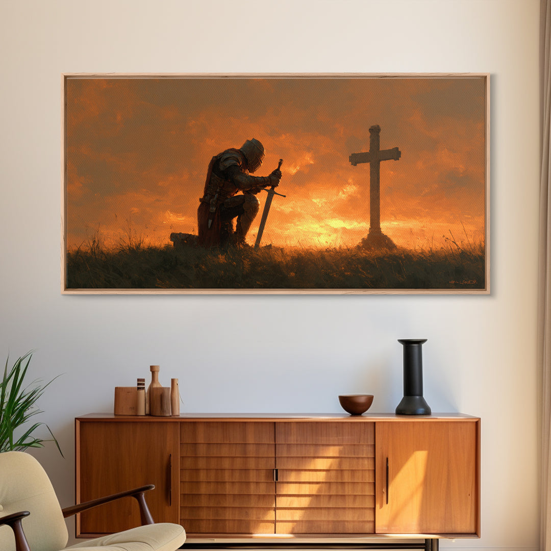 Kneeling Knight Before Cross Canvas Print, Christian Wall Art, Medieval Prayer Home Decor, Bible Verse Inspired Gift For Him