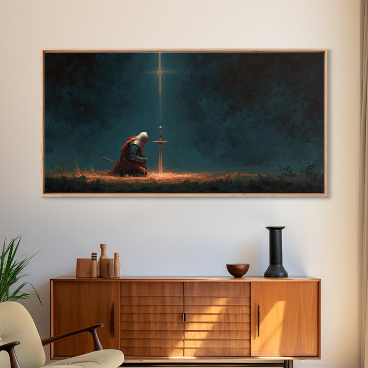 Kneeling Knight Before Cross Canvas Print, Christian Wall Art, Dark Fantasy Decor, Prayer Room Art, Medieval Office Decor
