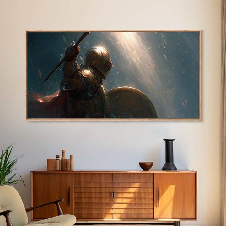 Armored Knight In Rain With Spear Wall Art, Medieval Fantasy Canvas Print, Dark Warrior Decor, Epic Gothic Artwork Gift Idea