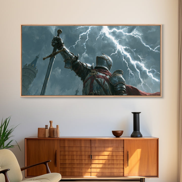 Storm Knight Raising Sword Canvas Print, Medieval Warrior Lightning Scene, Dark Fantasy Wall Art, Gaming Room Decor, Gift For Him