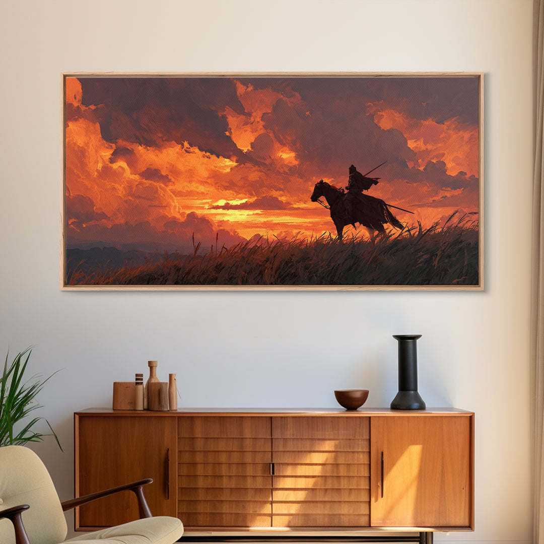 Lone Horseman At Fiery Sunset Wall Art, Western Cowboy Canvas Print, Rustic Landscape Decor, Masculine Office Gift For Him
