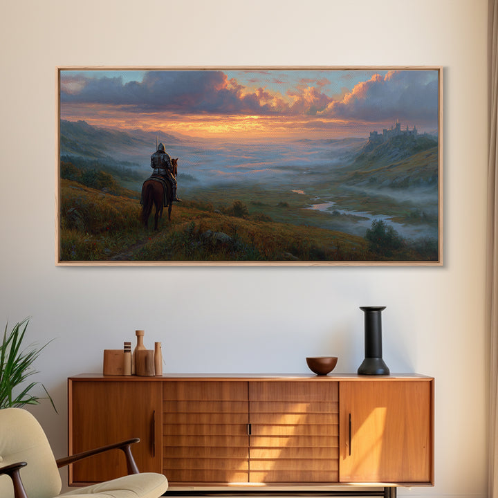 Lone Knight Over Misty Castle Valley Framed Canvas Print, Fantasy Wall Art For Gaming Room Decor And Medieval Adventure Home Decor
