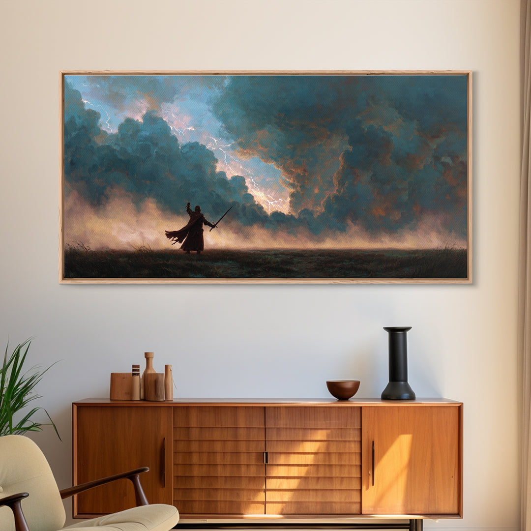 Lone Swordsman Under Storm Clouds Canvas Print, Dark Fantasy Landscape Wall Art, Moody Warrior Decor, RPG Gift For Gamer