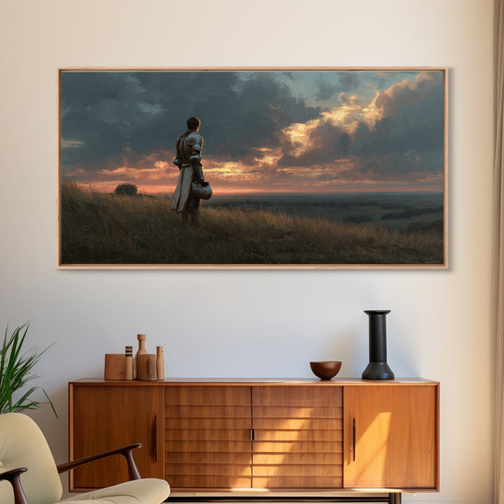 Solitary Knight At Sunset Framed Canvas Print, Medieval Fantasy Landscape Wall Art, Dramatic Medieval Home Decor Gift For Him