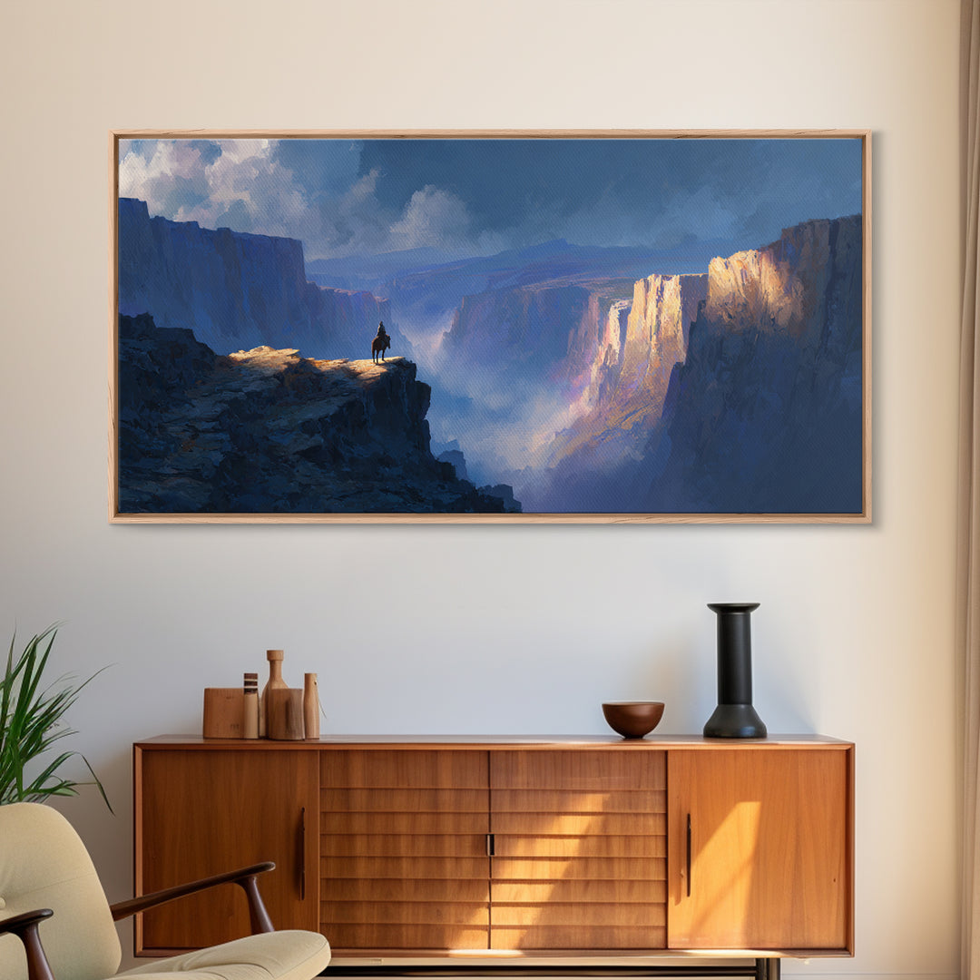 Lonely Rider On Blue Canyon Cliff Wall Art, Fantasy Landscape Canvas Print, Western Decor, Large Statement Artwork For Office