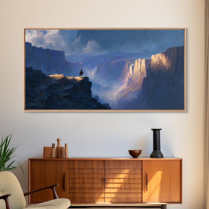 Lonely Rider On Blue Canyon Cliff Wall Art, Fantasy Landscape Canvas Print, Western Decor, Large Statement Artwork For Office