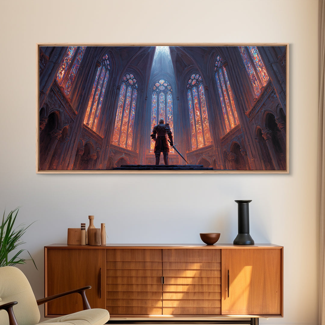 Gothic Cathedral Knight Wall Art, Stained Glass Framed Canvas Print, Medieval Fantasy Decor, Dark Academia, Statement Art