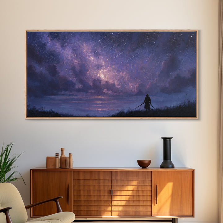 Lone Warrior Beneath Meteor Star Sky Wall Art, Fantasy Landscape Print, Celestial Decor, Gamer Room Canvas Print For Bedroom Decor
