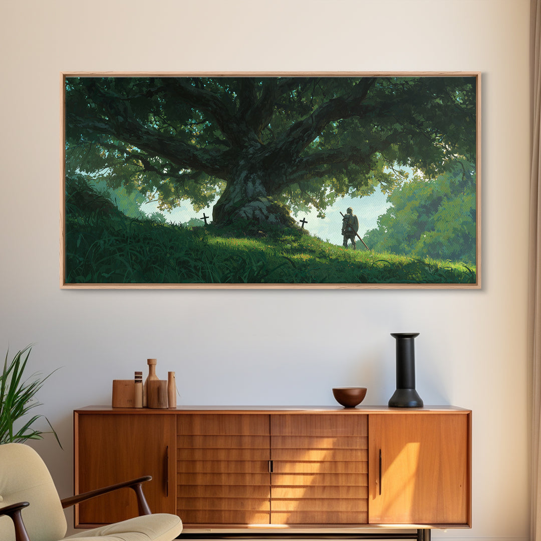 Ancient Oak With Lone Knight Wall Art, Enchanted Forest Canvas Print, Fantasy Landscape For Rustic Home Decor And Nursery Decor