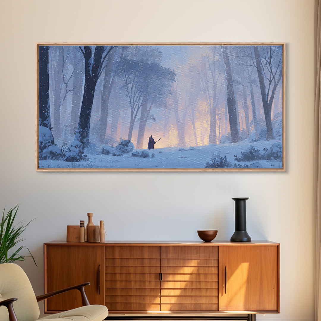Lone Warrior In Snowy Forest Wall Art, Winter Fantasy Landscape Painting, Moody Woodland Decor, Adventure Canvas Print Gift