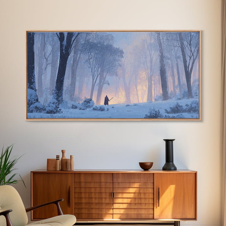Lone Warrior In Snowy Forest Wall Art, Winter Fantasy Landscape Painting, Moody Woodland Decor, Adventure Canvas Print Gift
