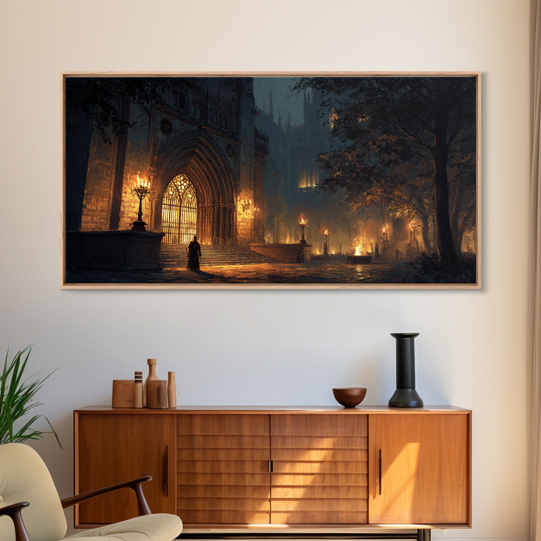 Gothic Cathedral Night Wall Art, Dark Academia Framed Canvas Print, Moody Architecture Poster, Victorian Office Decor, Gift