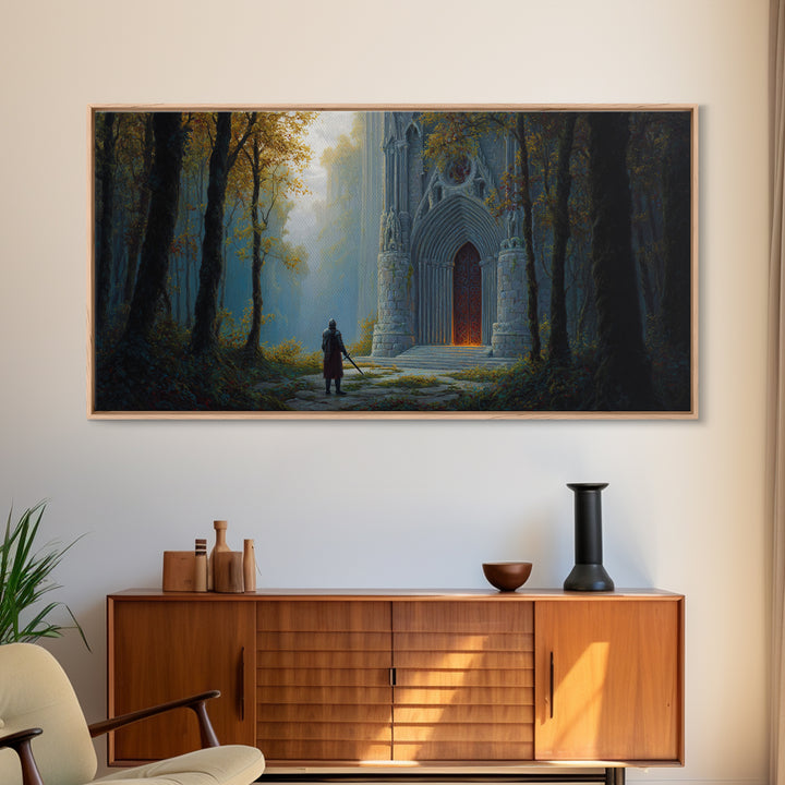 Gothic Forest Cathedral Doorway With Lone Knight Wall Art, Dark Academia Decor, Fantasy Landscape, Large Canvas Print For Bedroom
