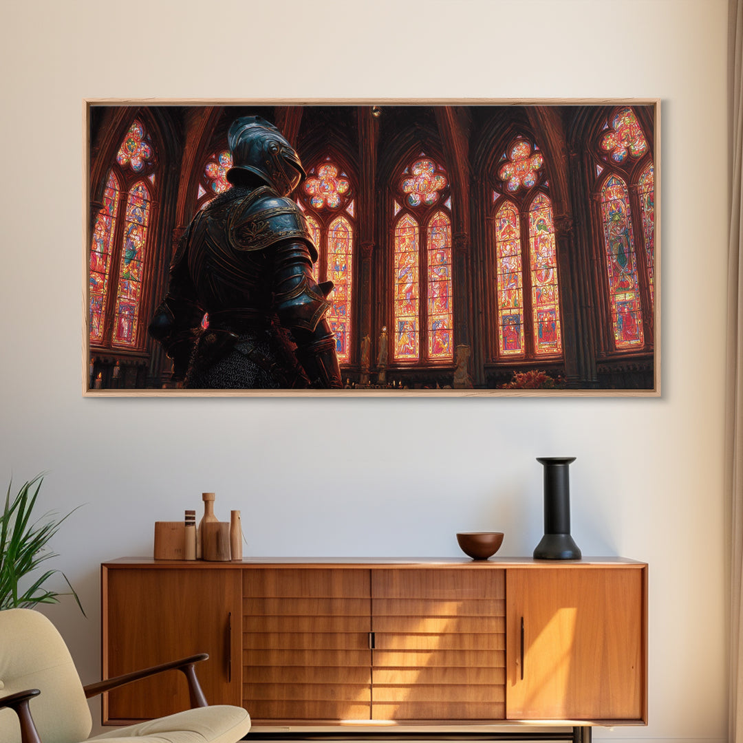 Knight In Stained Glass Cathedral Wall Art, Gothic Medieval Canvas Print, Dark Academia Decor, Fantasy Castle Painting, Church Art
