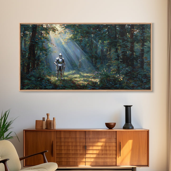Knight In Sunlit Enchanted Forest Canvas Print, Fantasy Wall Art, Medieval Landscape Art For Office Decor And Gifts For Him