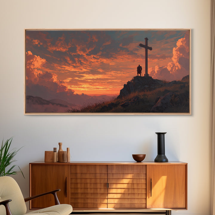 Fiery Sunset Cross On Mountain Ridge Wall Art, Christian Landscape Canvas Print, Spiritual Home Decor, Prayer Room Gift Idea