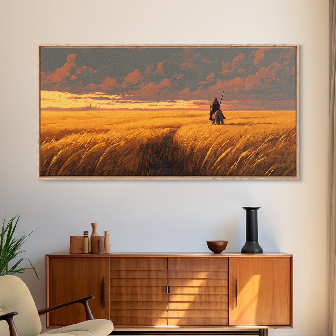 Lone Warrior In Golden Wheat Canvas Print, Sunset Fantasy Landscape Art, Western Rider Decor, Gift For Him, Rustic Home Decor