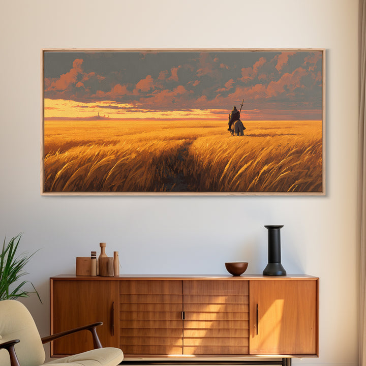 Lone Warrior In Golden Wheat Canvas Print, Sunset Fantasy Landscape Art, Western Rider Decor, Gift For Him, Rustic Home Decor