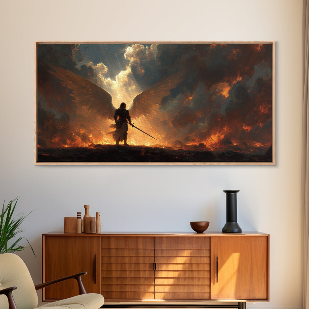 Warrior Angel With Flaming Wings Canvas Print, Dark Fantasy Wall Art, Epic Spiritual Decor, Gothic Battle Gift Idea For Him