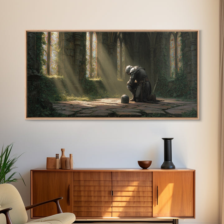Knight In Sunlit Gothic Ruins Framed Canvas Print, Medieval Fantasy Wall Art, Dark Academia Decor, Large Living Room Art