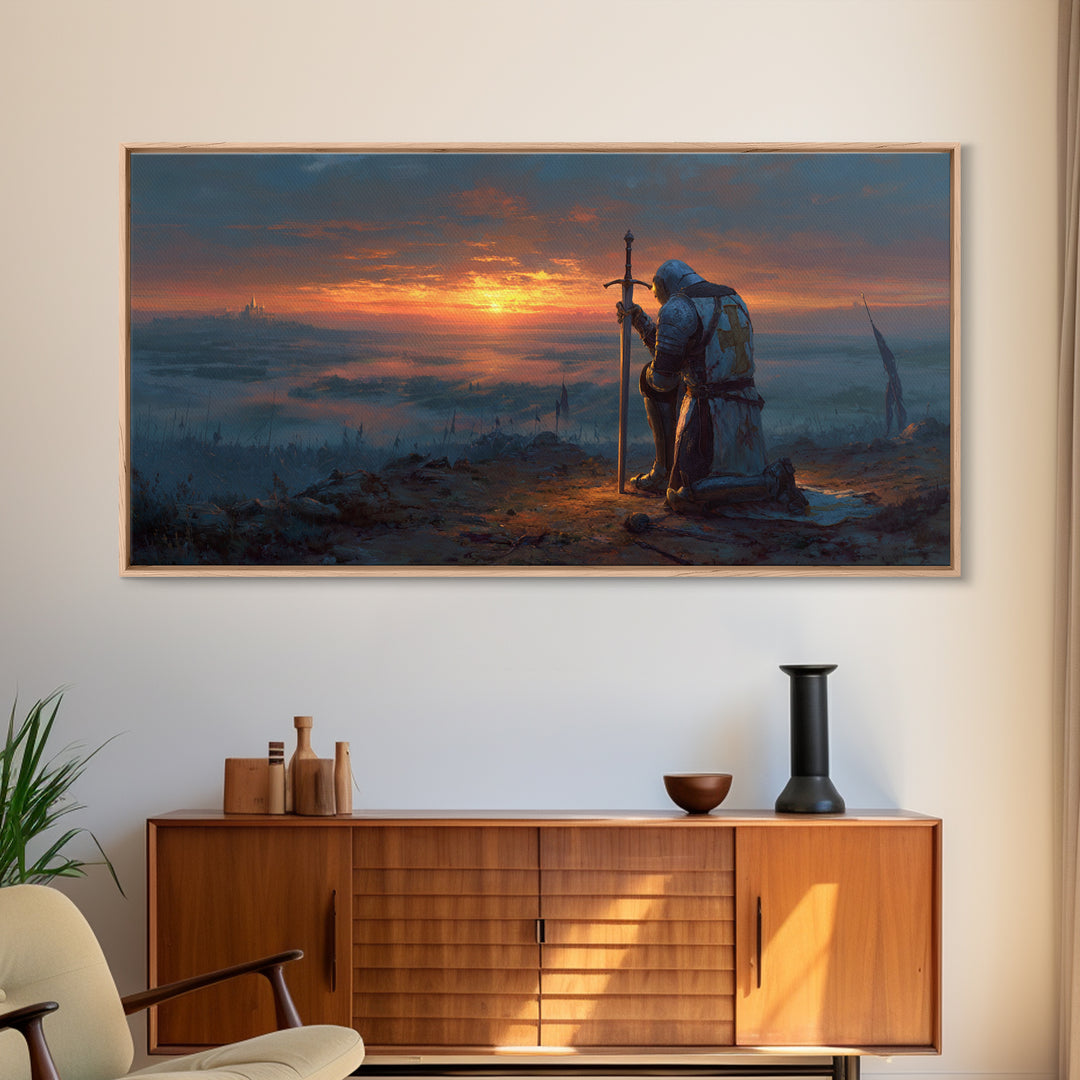 Kneeling Knight At Sunset Wall Art, Medieval Fantasy Landscape Canvas, Epic Castle Decor, Dark Academia Gift For Him, Living Room Decor