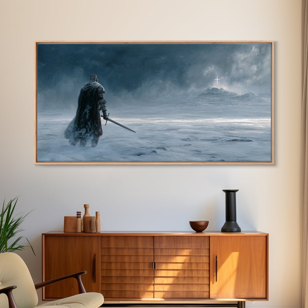 Dark Knight Crossing Icy Wasteland Wall Art, Fantasy Landscape Canvas Print, Gothic Home Decor, Moody Office Decor Gift For Him