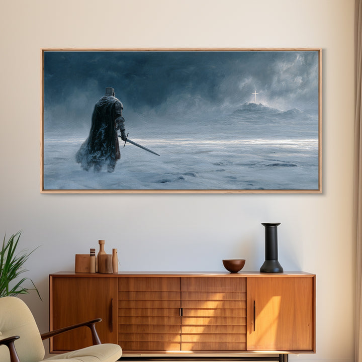 Dark Knight Crossing Icy Wasteland Wall Art, Fantasy Landscape Canvas Print, Gothic Home Decor, Moody Office Decor Gift For Him