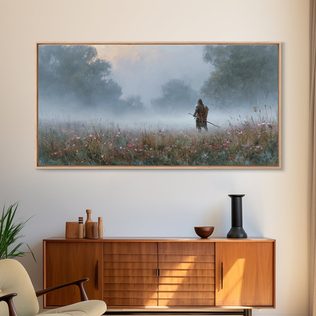 Misty Warrior In Wildflower Meadow Wall Art, Fantasy Landscape Canvas, Moody Nature Print, Large Living Room Decor Gift For Her