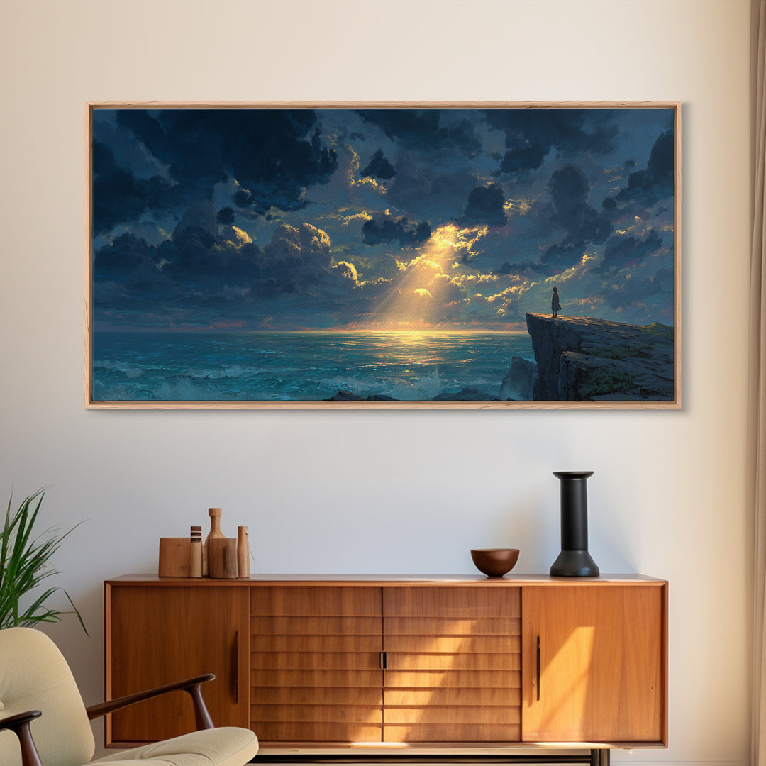 Lone Figure On Ocean Cliff Canvas Print, Dramatic Seascape Landscape Art, Coastal Wall Decor For Peaceful Living Room Home