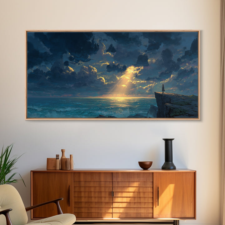 Lone Figure On Ocean Cliff Canvas Print, Dramatic Seascape Landscape Art, Coastal Wall Decor For Peaceful Living Room Home