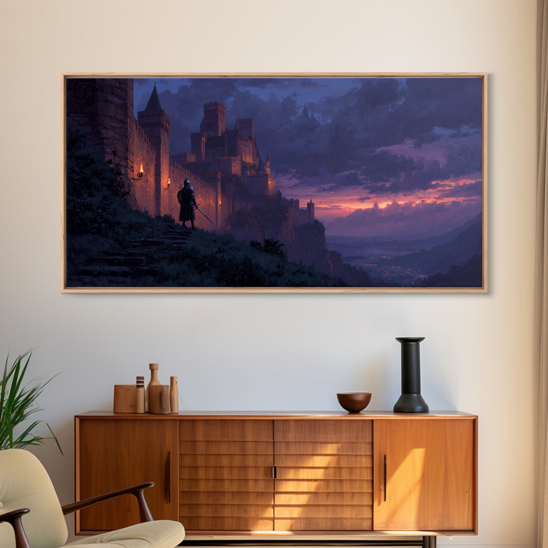 Twilight Castle Knight Fantasy Wall Art, Medieval Landscape Canvas, Gothic Home Decor, Fantasy Art Print, Gift For Him, Office Decor