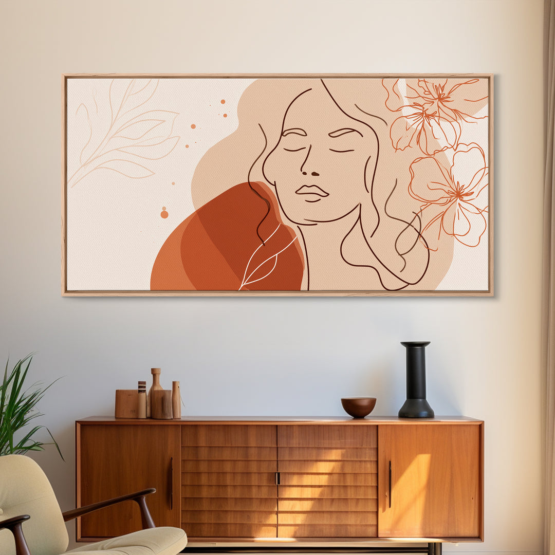 Terracotta Woman Line Art Canvas Print, Floral Feminine Wall Art, Boho Bedroom Decor, Abstract Portrait Gift For Her, Modern Home Decor