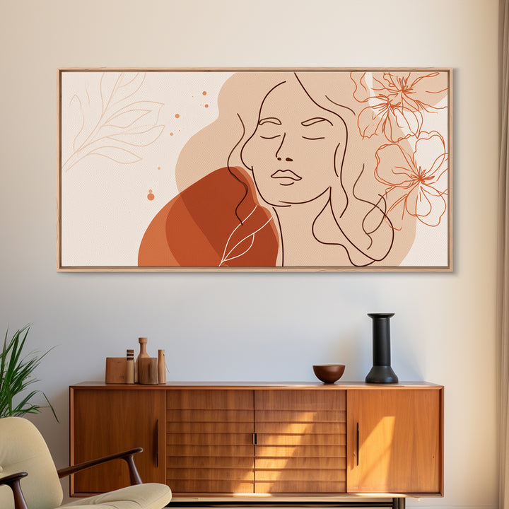 Terracotta Woman Line Art Canvas Print, Floral Feminine Wall Art, Boho Bedroom Decor, Abstract Portrait Gift For Her, Modern Home Decor