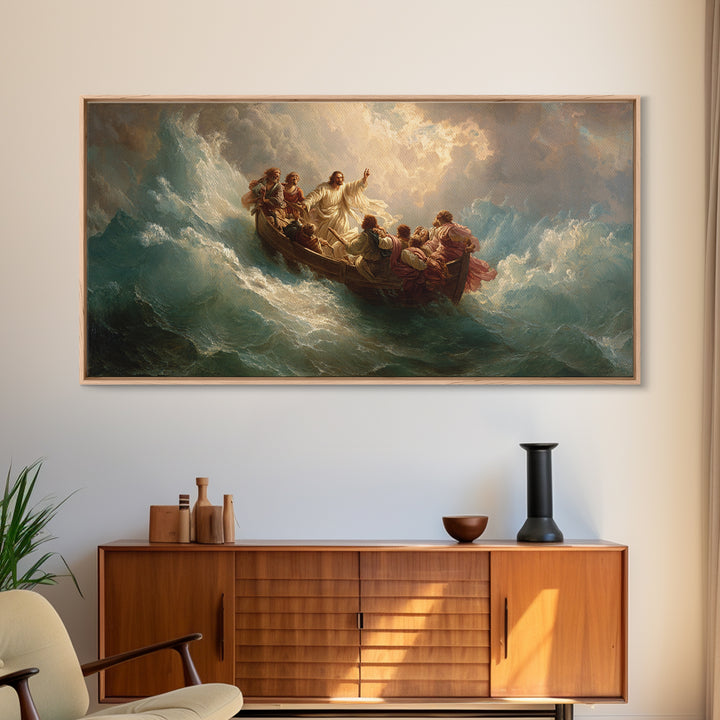 Jesus Calming The Storm At Sea Wall Art, Christian Boat Painting, Biblical Ocean Canvas, Religious Home Decor Gift, Church Decor