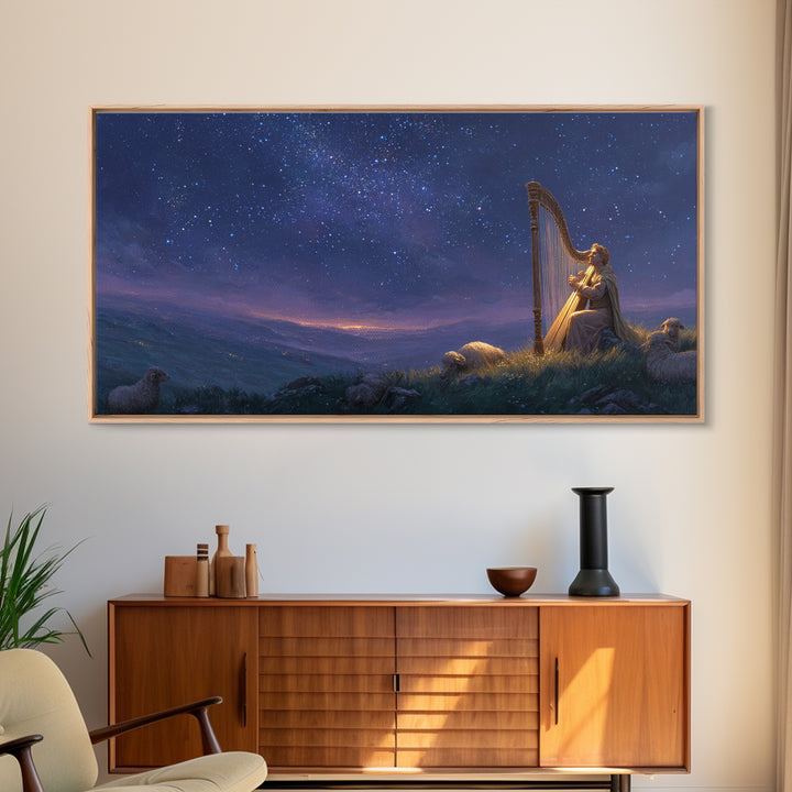 Shepherd Playing Harp Under Stars Wall Art, Biblical Canvas Print, Peaceful Night Landscape Decor For Bedroom And Nursery