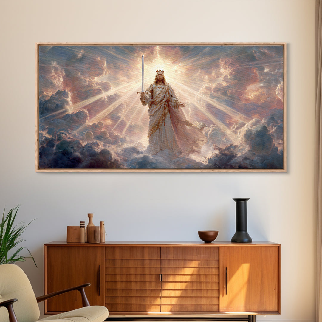 Radiant Heavenly King Canvas Print, Christian Wall Art, Divine Sword And Clouds, Spiritual Fine Art For Prayer Room Decor