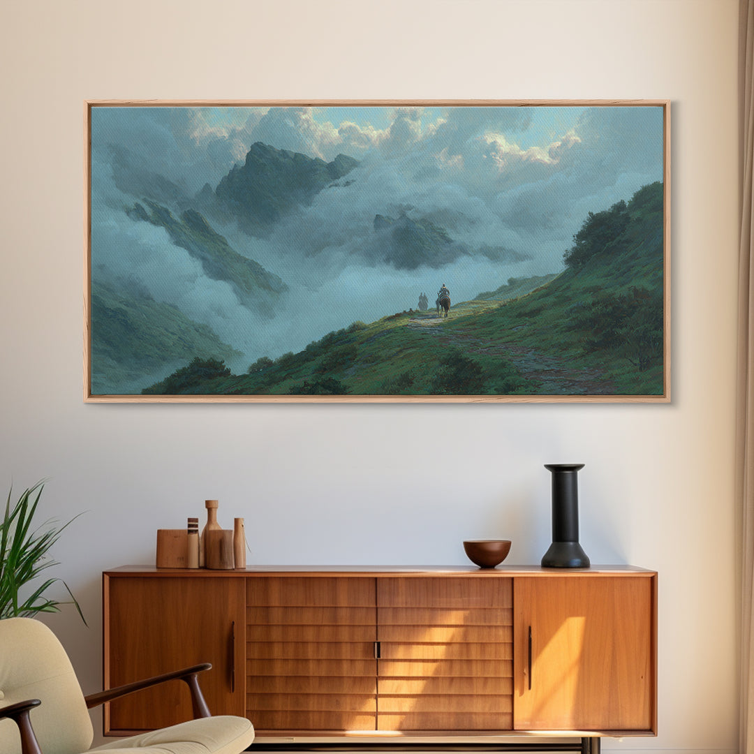 Misty Mountain Path Landscape Wall Art, Moody Nature Canvas Print, Alpine Hiking Decor, Large Living Room Wall Decor Gift