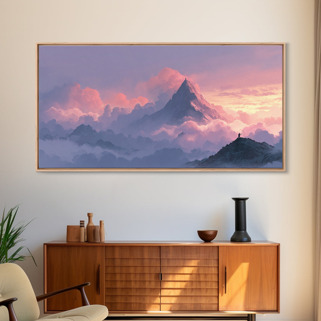 Pink Cloud Mountain Summit Canvas Print, Fantasy Landscape Wall Art, Nature Wall Decor, Adventure Art, Calming Bedroom Decor