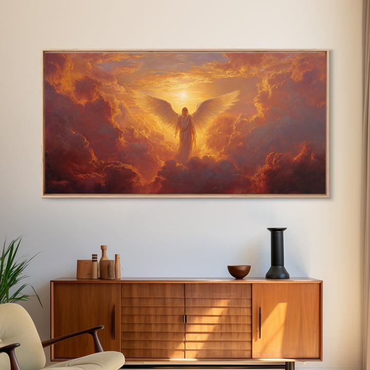 Radiant Angel In Golden Clouds Wall Art, Spiritual Christian Canvas, Celestial Painting, Inspirational Home Decor Gift For Her