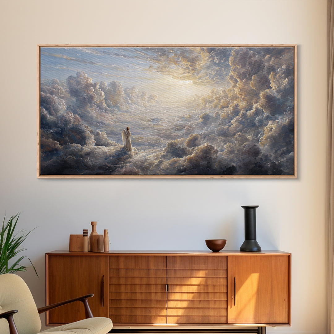 Radiant Angel In Heavenly Clouds Canvas Print, Christian Wall Art, Spiritual Home Decor, Peaceful Large Landscape Art Gift