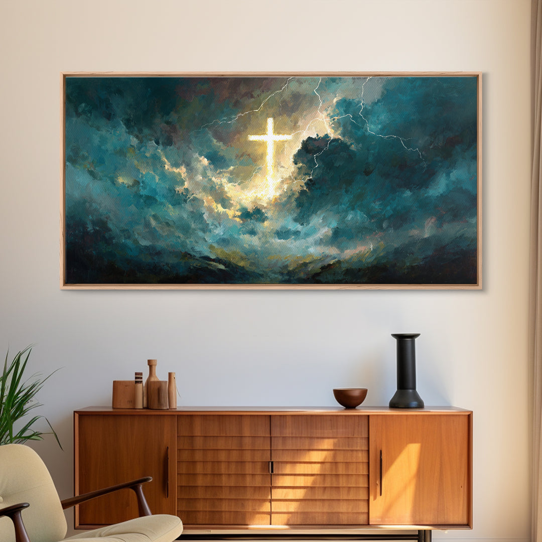 Glowing Cross In Storm Clouds Wall Art, Christian Canvas Print, Spiritual Decor, Modern Religious Living Room Wall Decor