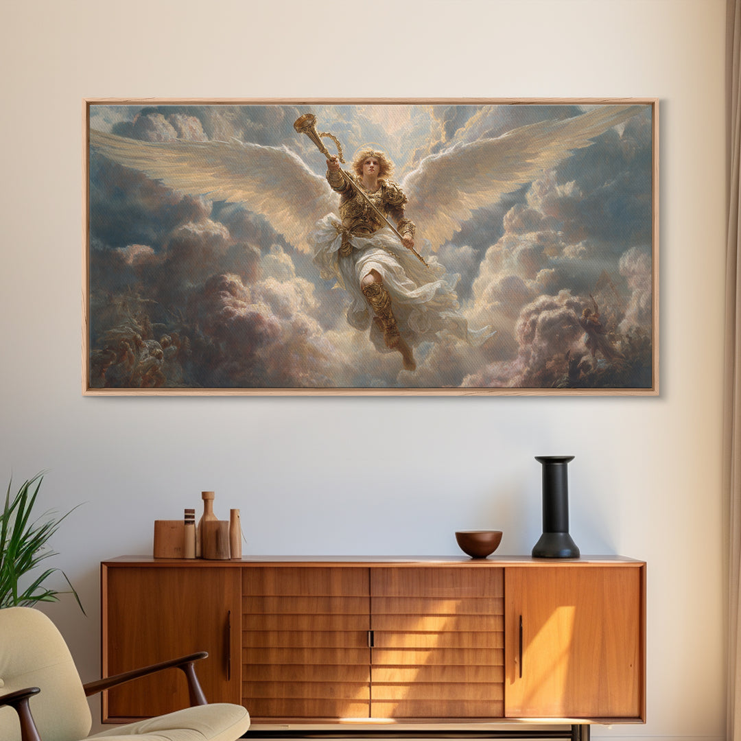 Archangel Trumpet In Stormy Clouds Canvas Print, Christian Wall Art, Religious Fine Art Print For Prayer Room Decor Gift