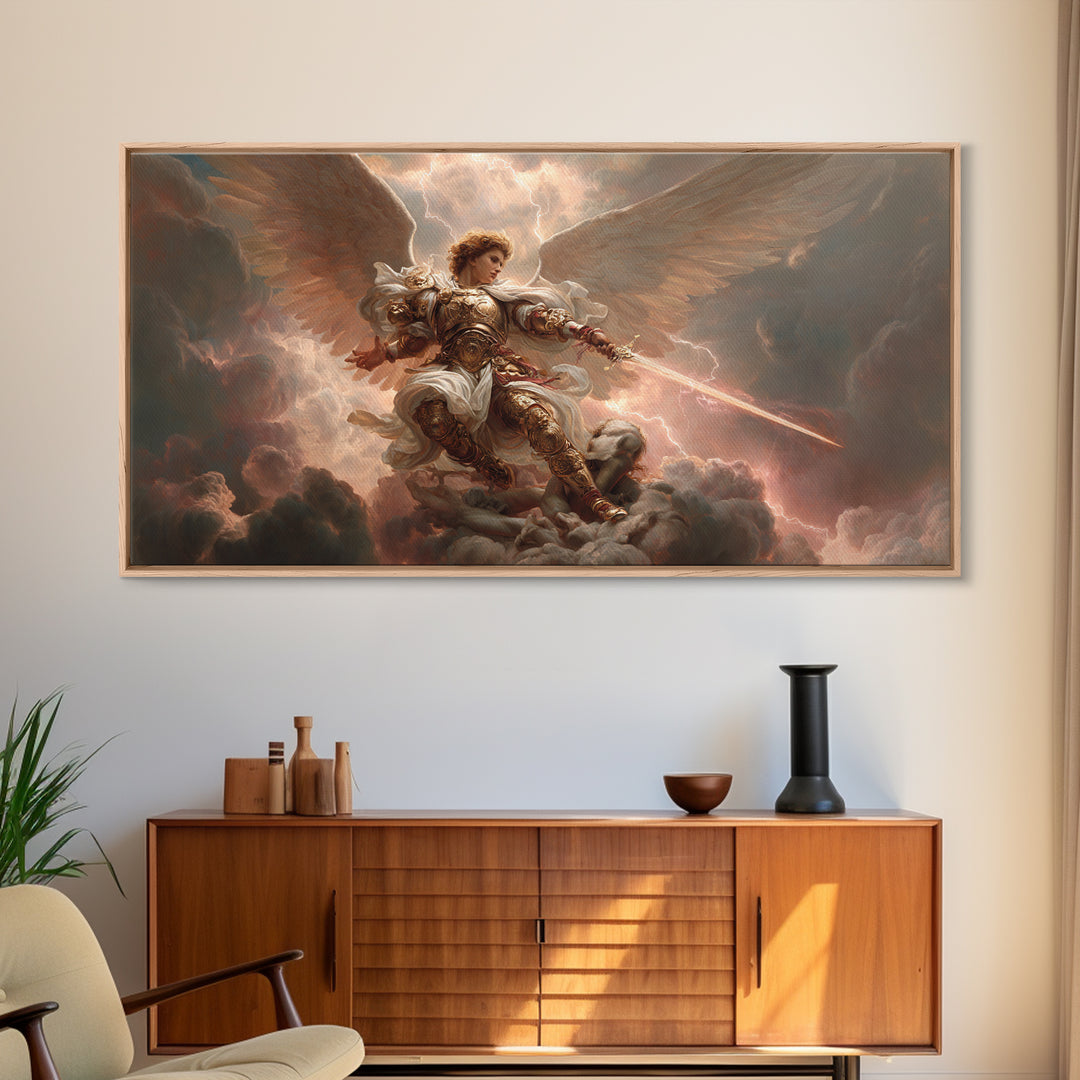 Archangel Warrior In Golden Clouds Wall Art, Christian Canvas Print, Angel Sword Fantasy Art, Spiritual Home Decor Gift For Him