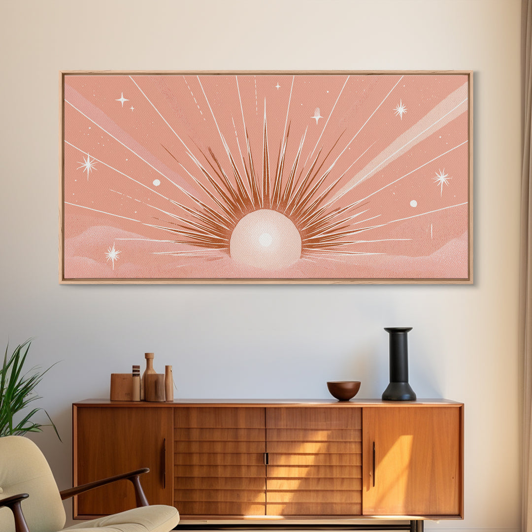 Radiant Peach Sunrise Wall Art, Celestial Sun Rays And Stars, Boho Canvas Print, Dreamy Nursery Decor, Calming Above Bed Art